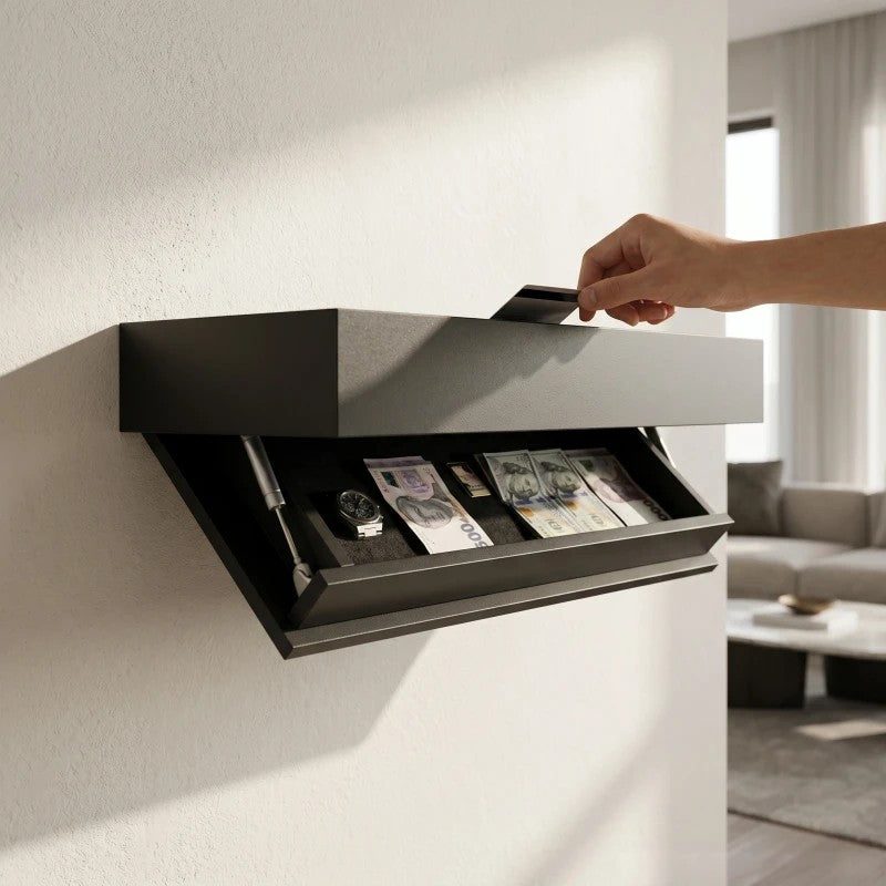 Hand reaching into the open Hidden. shelf in Matte Black, watch and cash on the foam lining