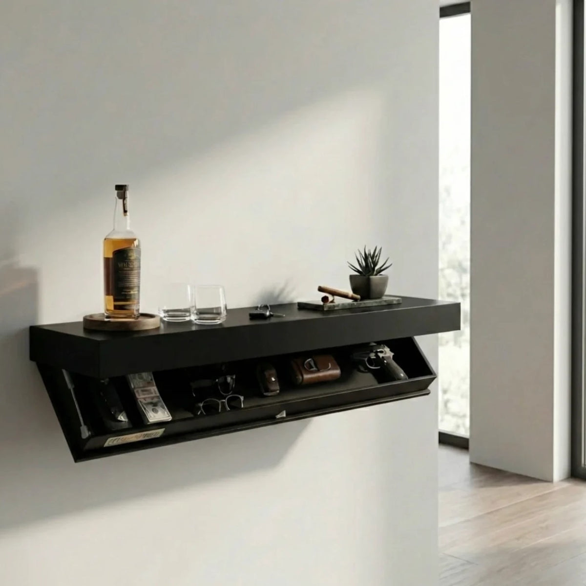 Hidden. shelf in Matte Black, styled and open in a modern living room