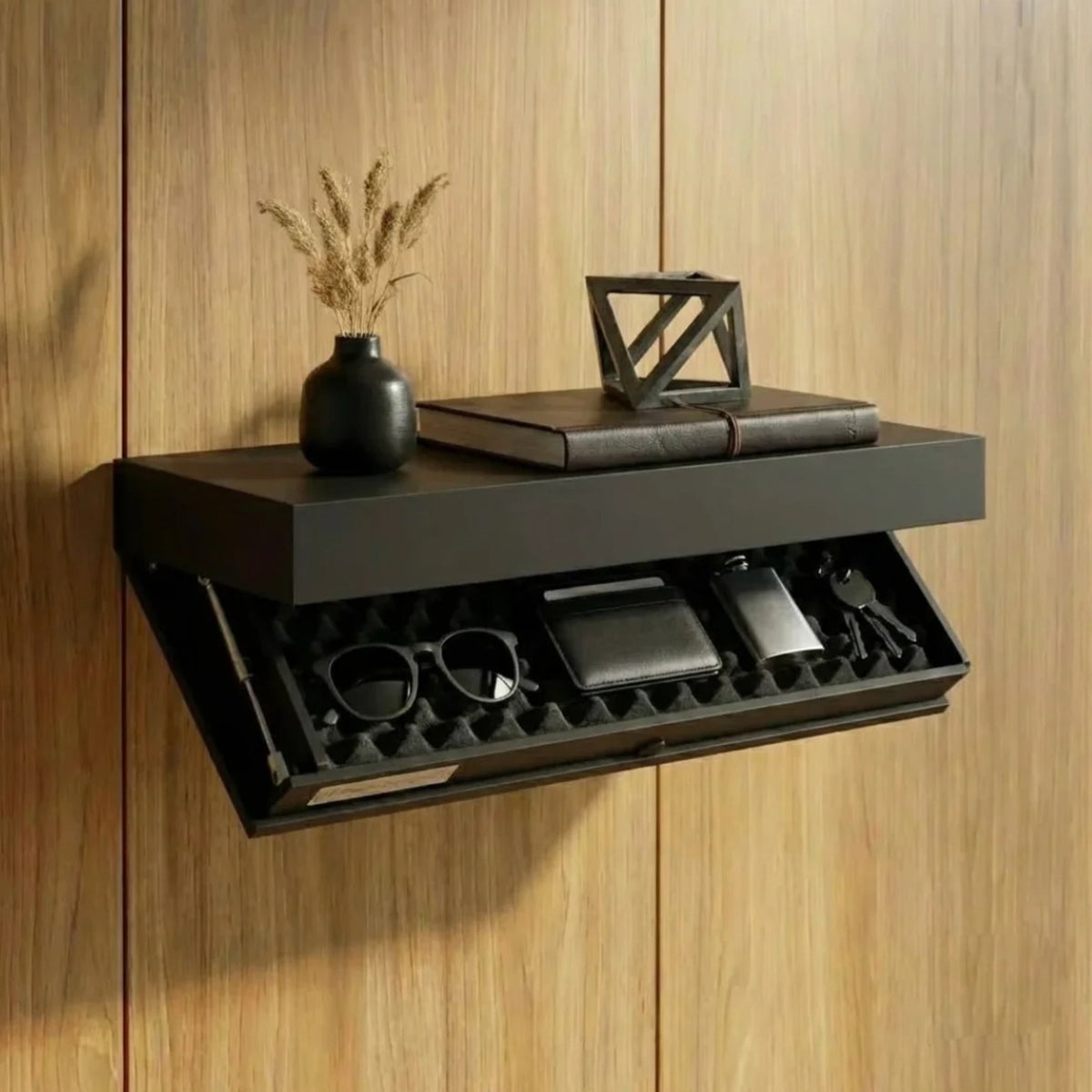 Hidden. shelf in Matte Black on a timber wall, foam-lined compartment open