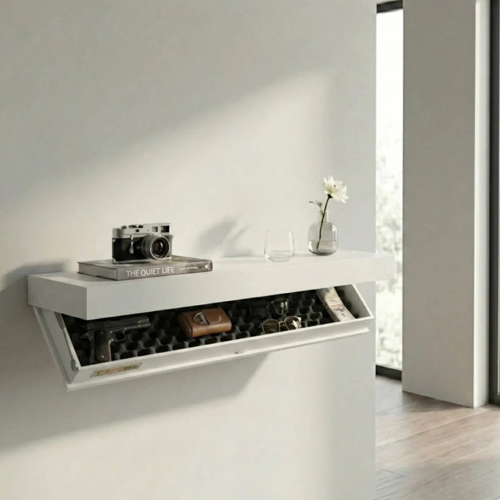 Hidden. shelf in White, styled and open in a bright room