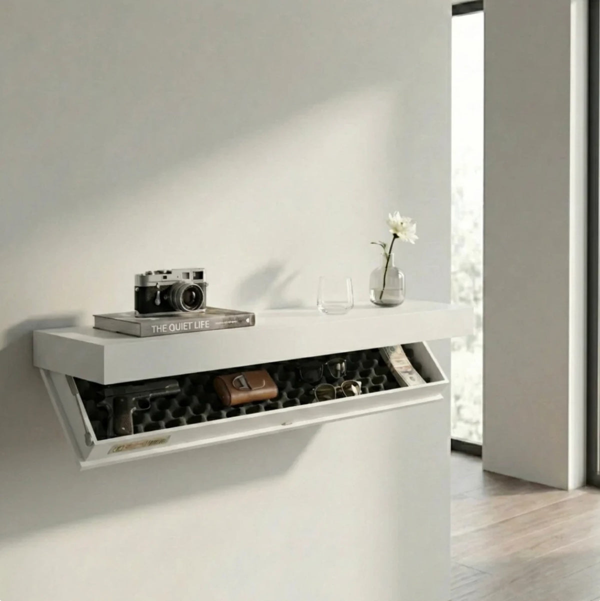 Hidden. shelf in White, styled and open in a bright room