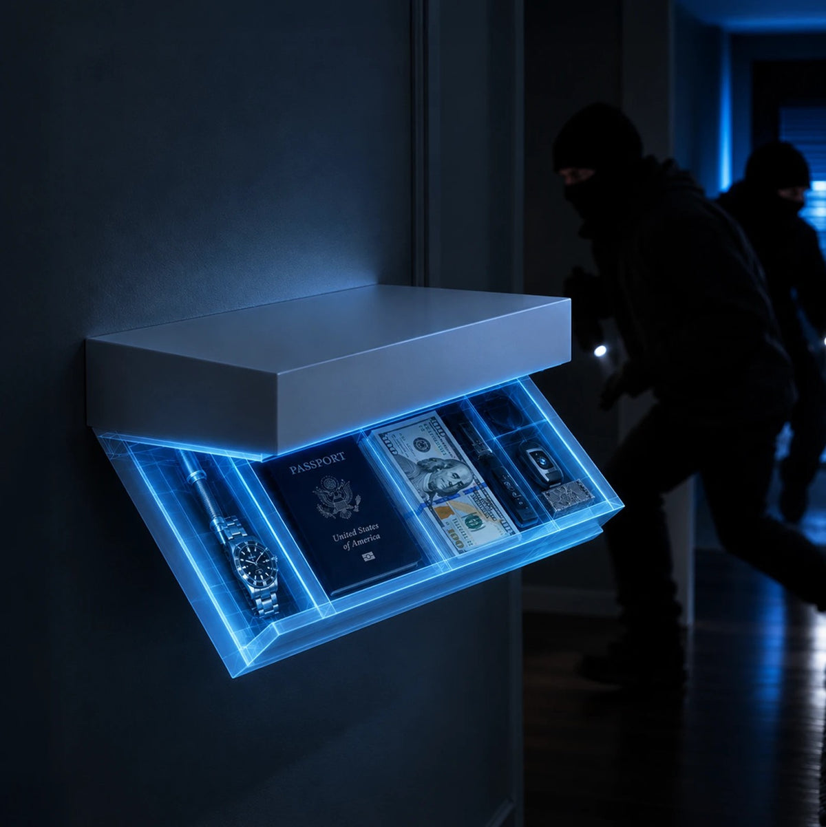 Cutaway view of the Hidden. shelf concealing valuables