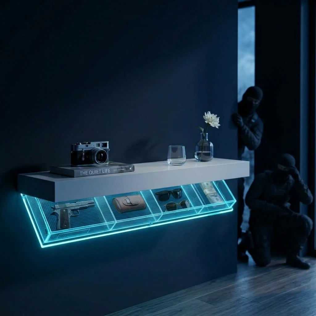 X-ray view: valuables concealed inside the shelf as intruders pass